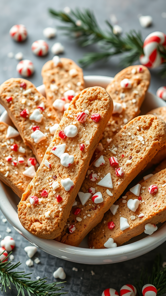 A bowl filled with decorated peppermint crunch biscotti surrounded by peppermint candies and pine leaves.