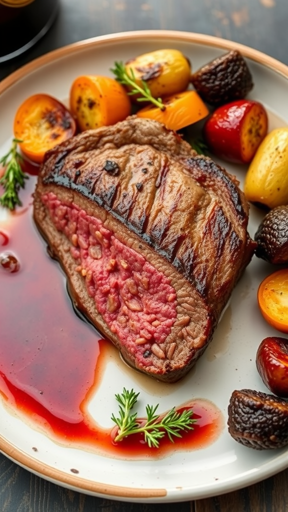 A perfectly seared beef tenderloin served with colorful roasted vegetables and a rich sauce.