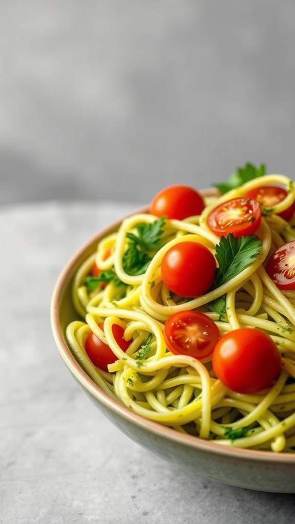 A bowl of Pesto Zoodle Salad with cherry tomatoes