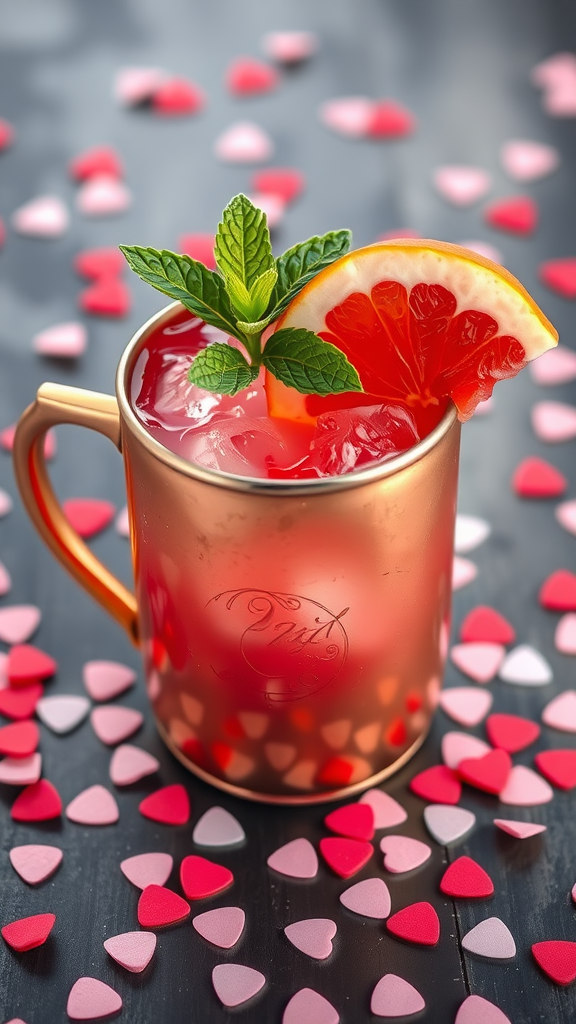 A Pink Velvet Mule cocktail in a copper mug, garnished with mint and citrus slices, surrounded by heart-shaped decorations.