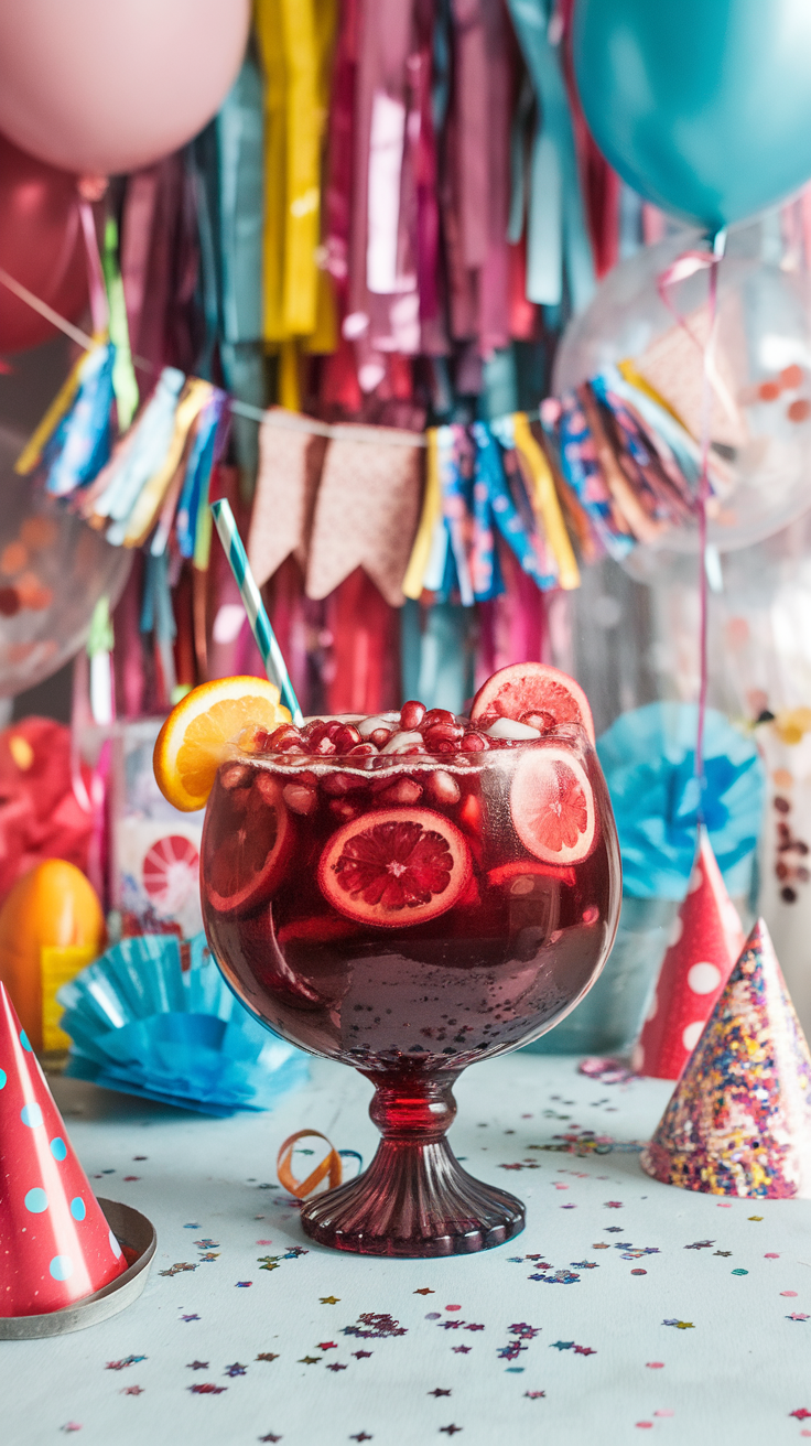 A festive bowl of pomegranate punch decorated with fruits and vibrant ribbons.