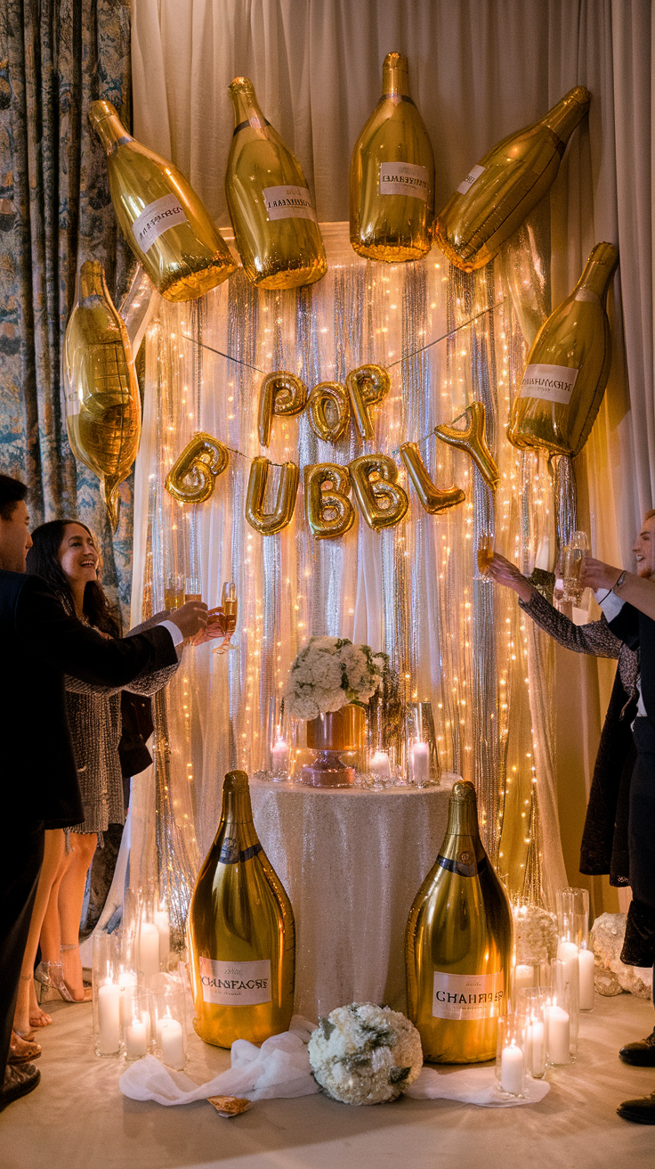 A festive champagne-themed décor with gold balloons, sparkling lights, and a table adorned with floral arrangements and candles.