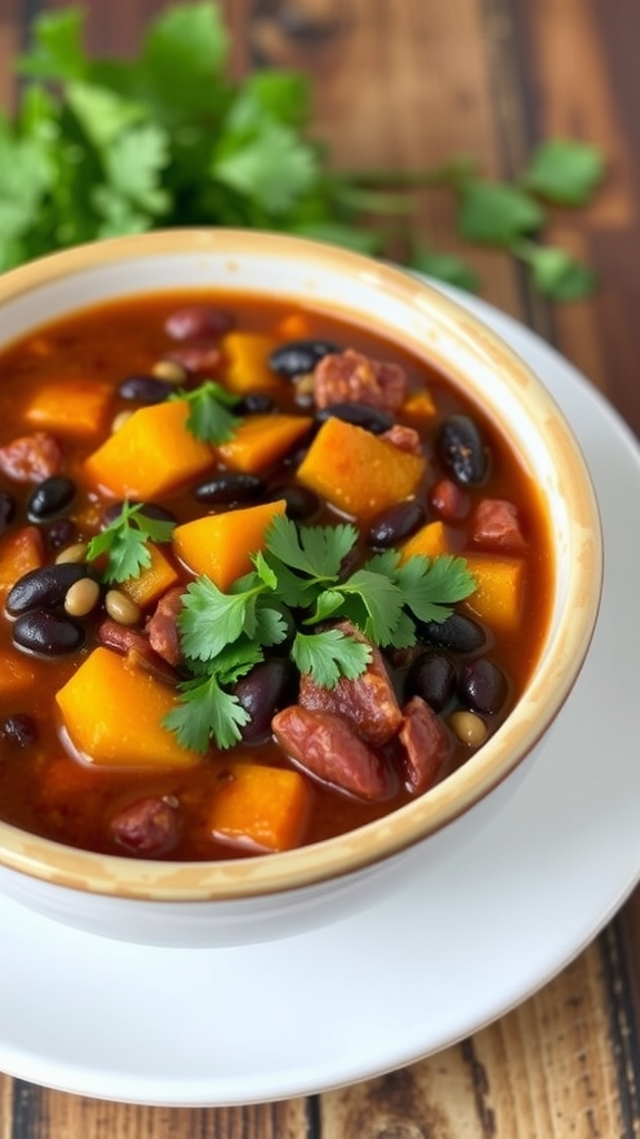 A bowl of pumpkin and black bean chili with cilantro on top, surrounded by fresh pumpkin and herbs.