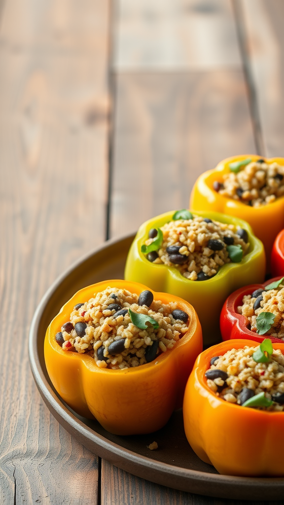 Quinoa and black bean stuffed peppers on a wooden table