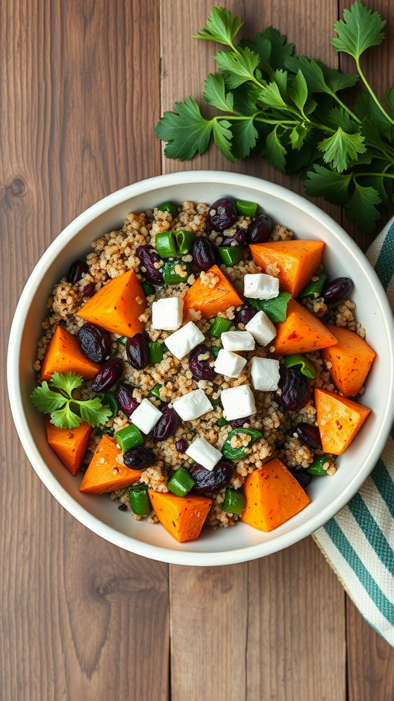 A bowl of quinoa with roasted butternut squash, black beans, green peppers, and feta cheese, garnished with cilantro.