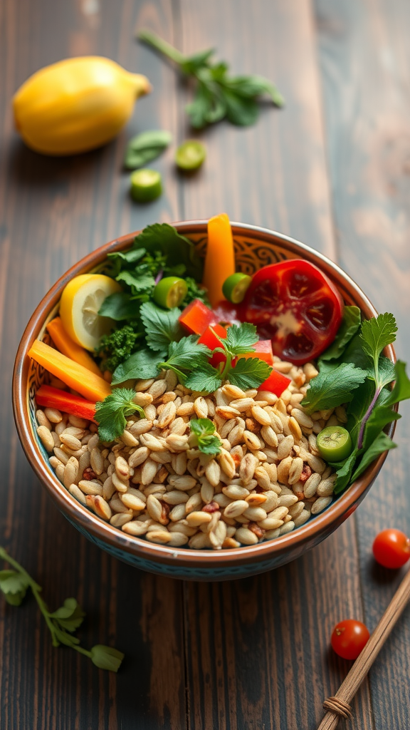 A colorful Rainbow Buddha Bowl filled with grains and fresh vegetables.