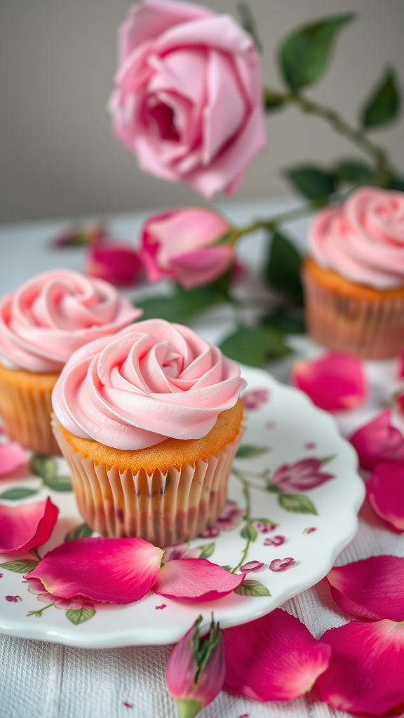 Raspberry rose cupcakes topped with pink frosting and surrounded by rose petals.