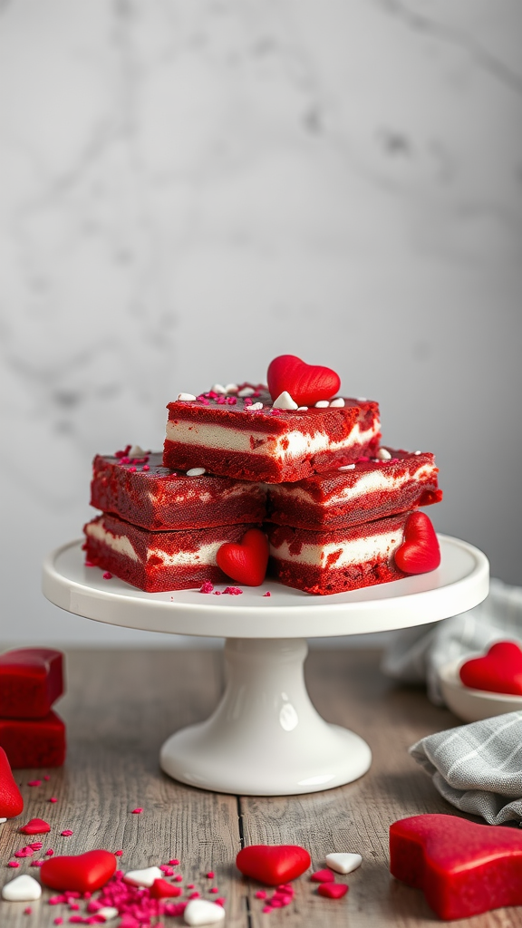 Delicious Red Velvet Cheesecake Brownies stacked on a cake stand, decorated with heart-shaped candies.