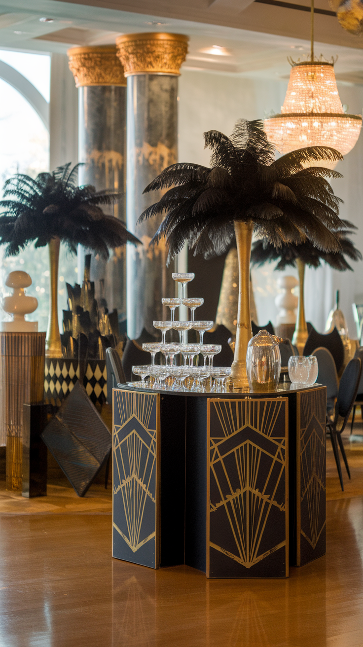 Elegant 1920s themed event setup with black and gold decor