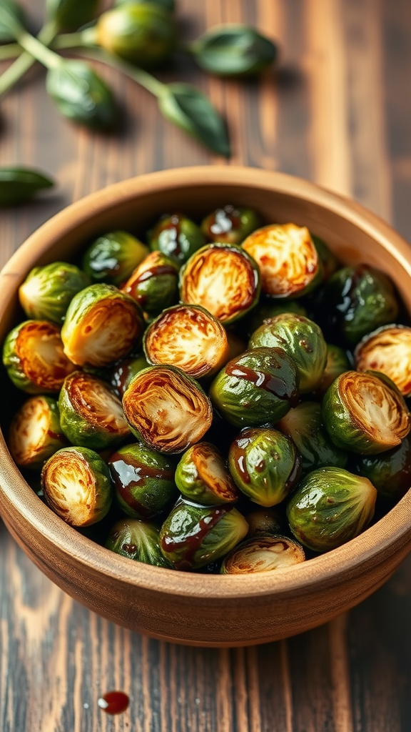 A wooden bowl filled with roasted Brussels sprouts drizzled with balsamic glaze