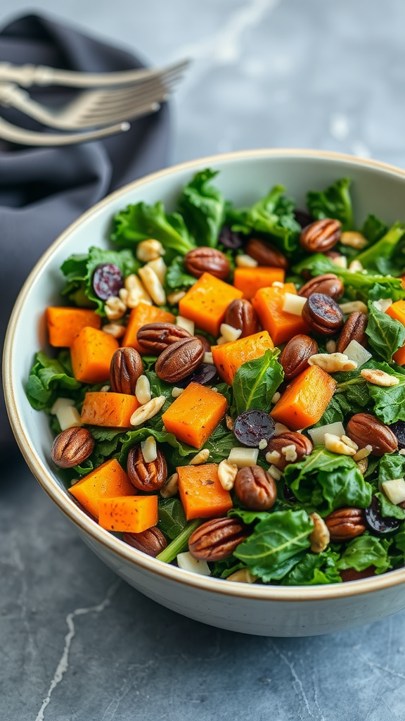 A colorful bowl of roasted sweet potato and kale salad with nuts on top.