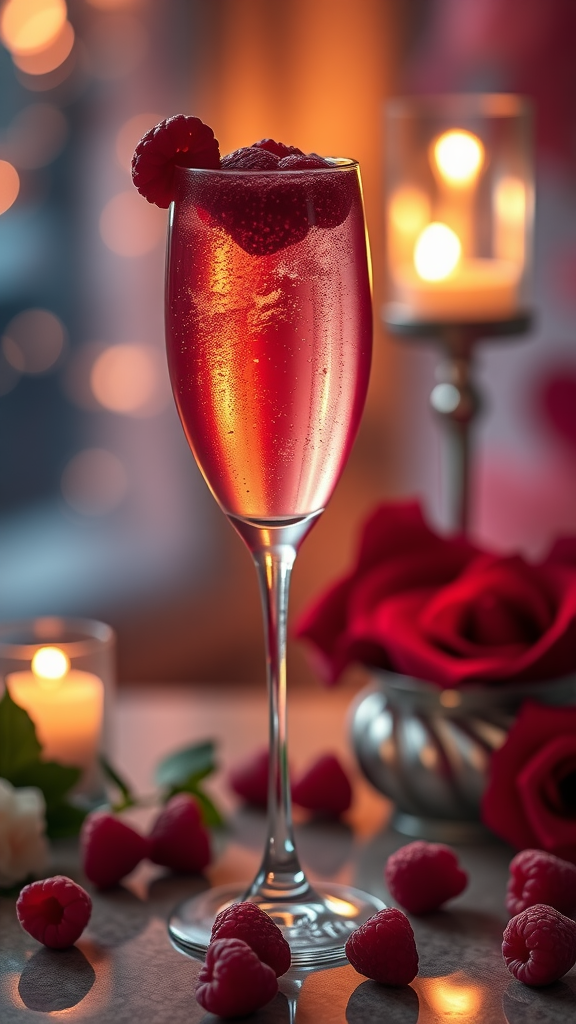 A sparkling pink Raspberry Bellini in an elegant glass, garnished with fresh raspberries, surrounded by a romantic setting with candles and roses.