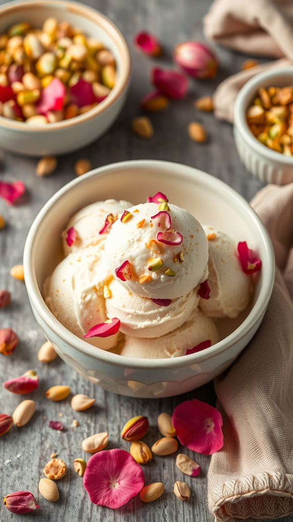 A bowl of rosewater pistachio ice cream garnished with rose petals and crushed pistachios.