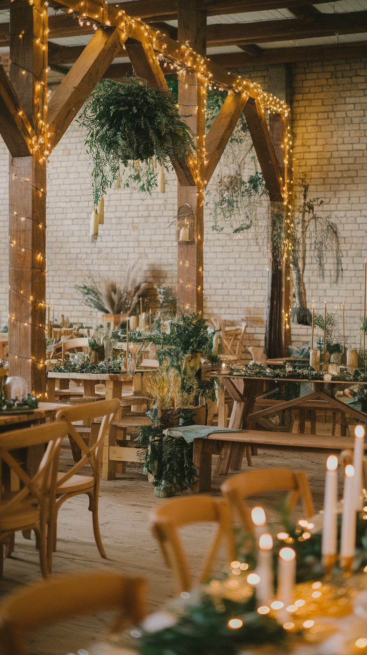 A beautifully decorated rustic indoor space for New Year's celebration, featuring wooden tables, greenery, and fairy lights.