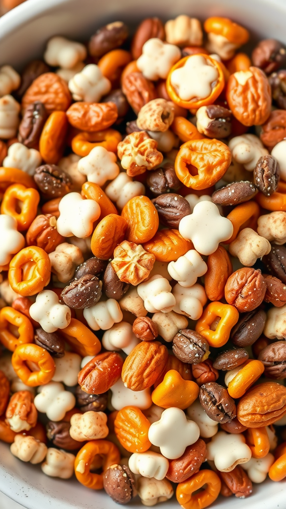 A close-up of a bowl filled with a variety of crunchy snacks including pretzels, nuts, and crackers.