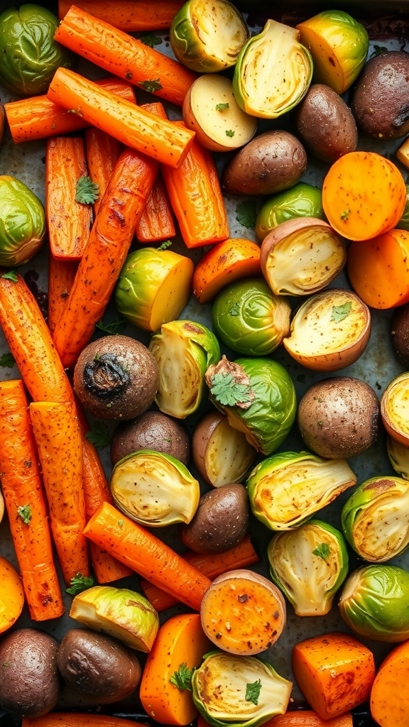 A tray of roasted carrots, Brussels sprouts, and potatoes.