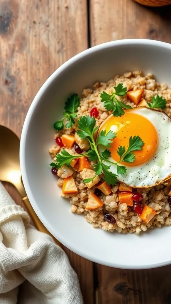 A bowl of savory oatmeal topped with a fried egg and fresh greens