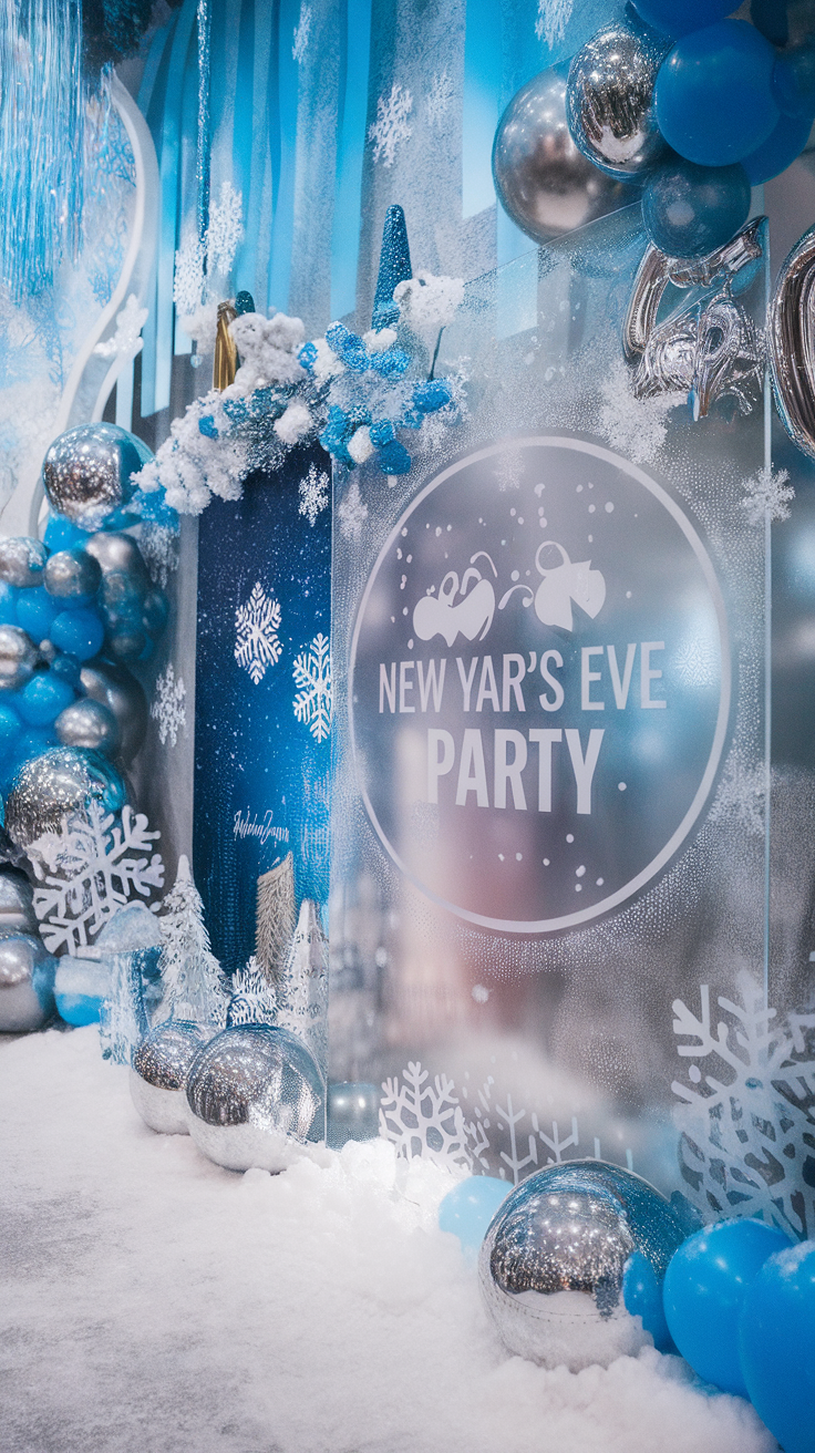 A beautifully decorated indoor space with silver and blue winter-themed decorations, including balloons and snowflakes.