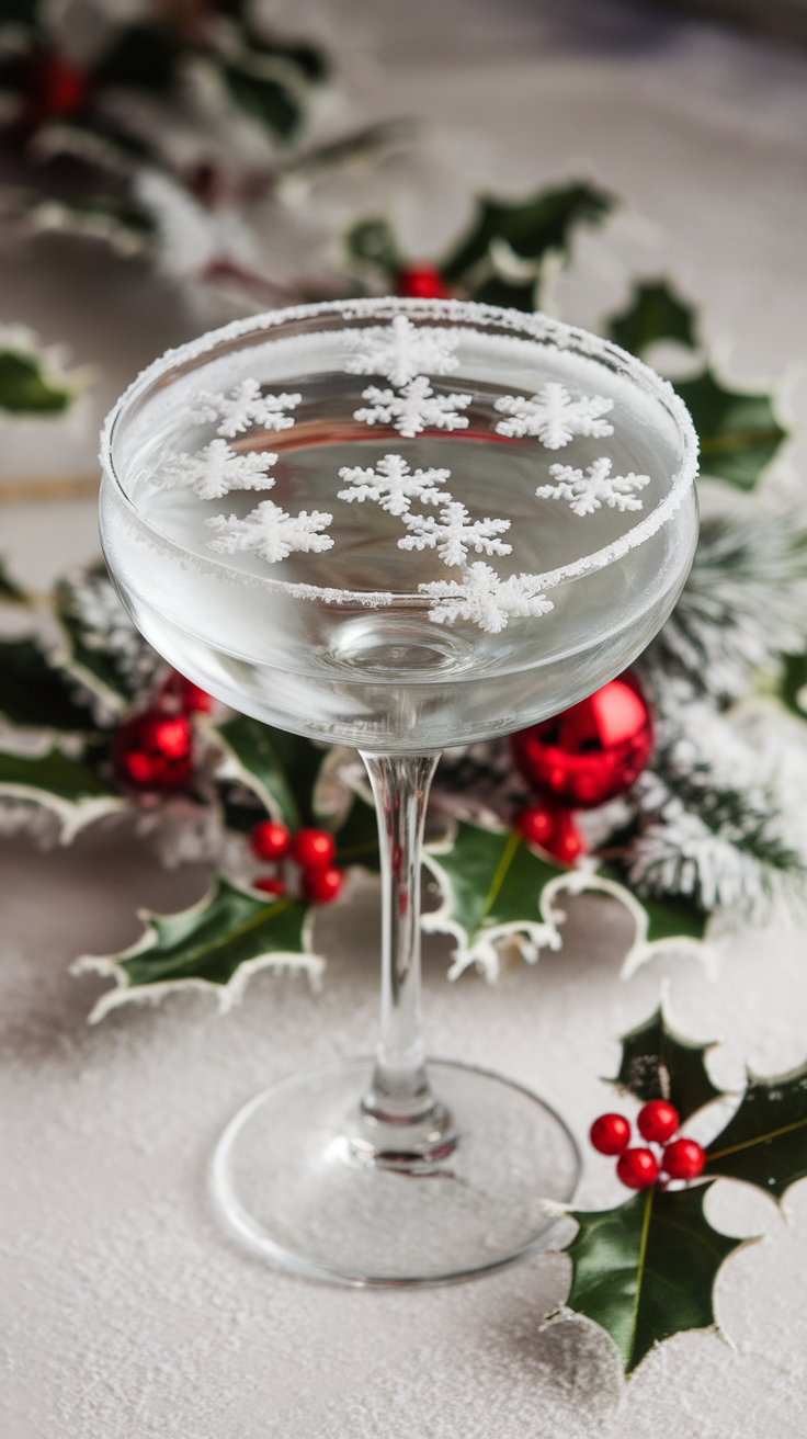 A beautifully decorated Snowflake Martini in a cozy setting with a candle and fruit bowl in the background.