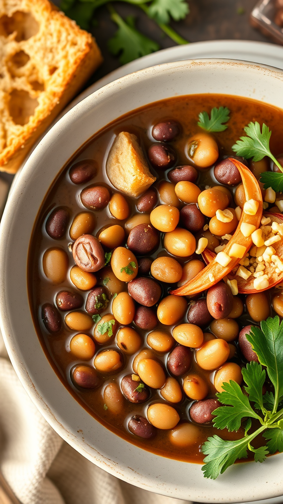 A bowl of Southern style black-eyed peas garnished with herbs and served with cornbread.