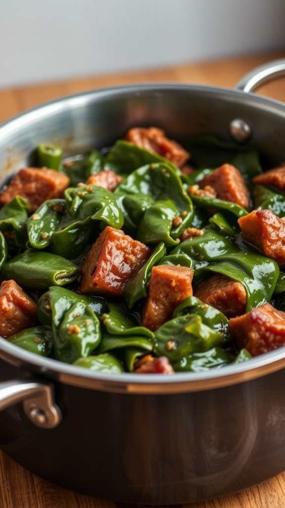 A pot of collard greens with pieces of meat cooking