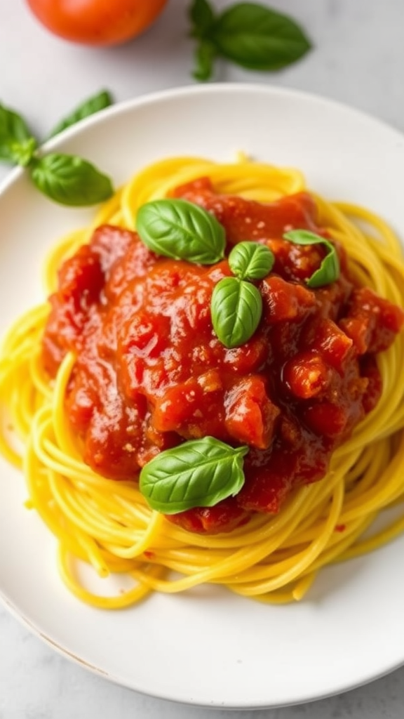 A plate of spaghetti squash topped with marinara sauce and fresh basil leaves