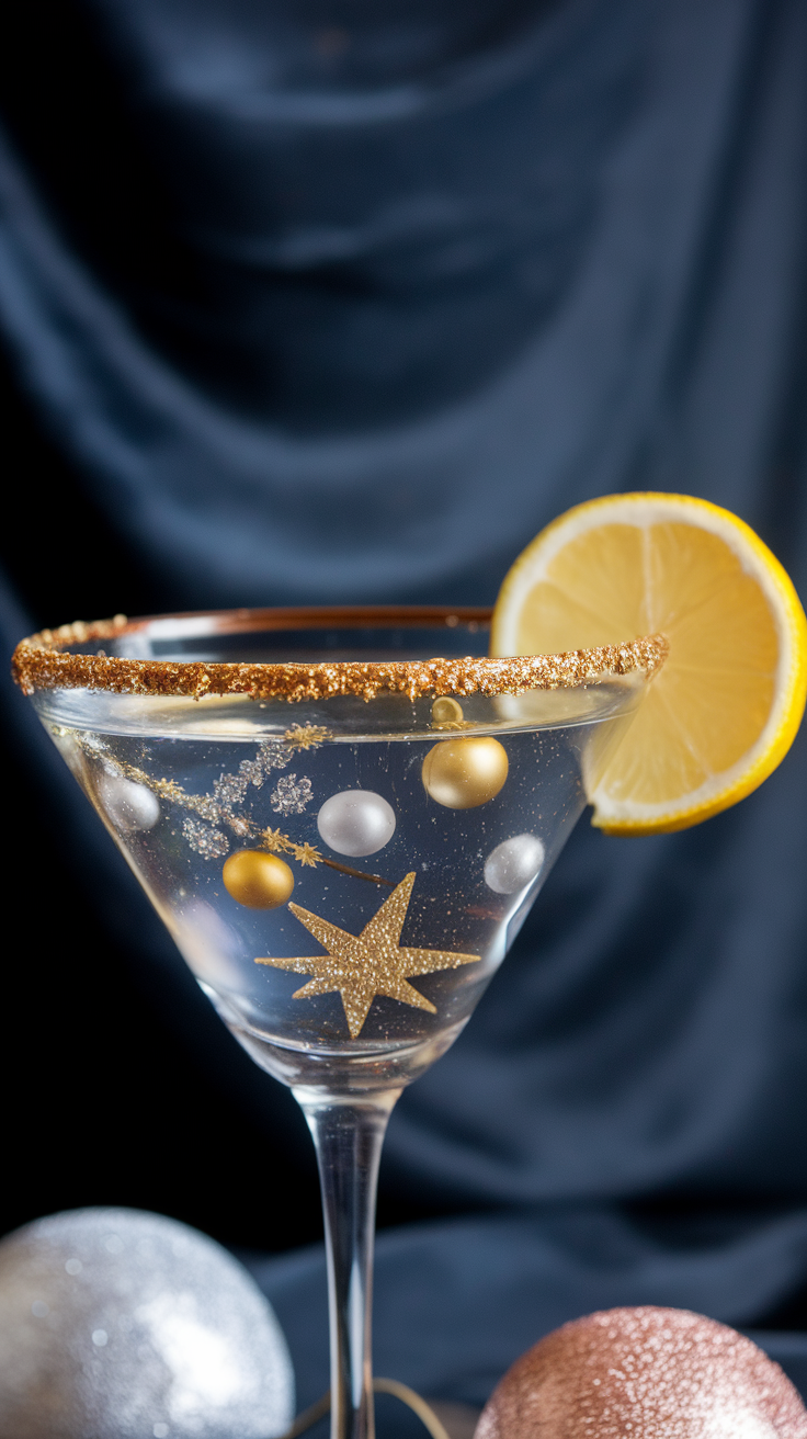 A sparkling midnight martini in a glass with a lime slice on the rim.