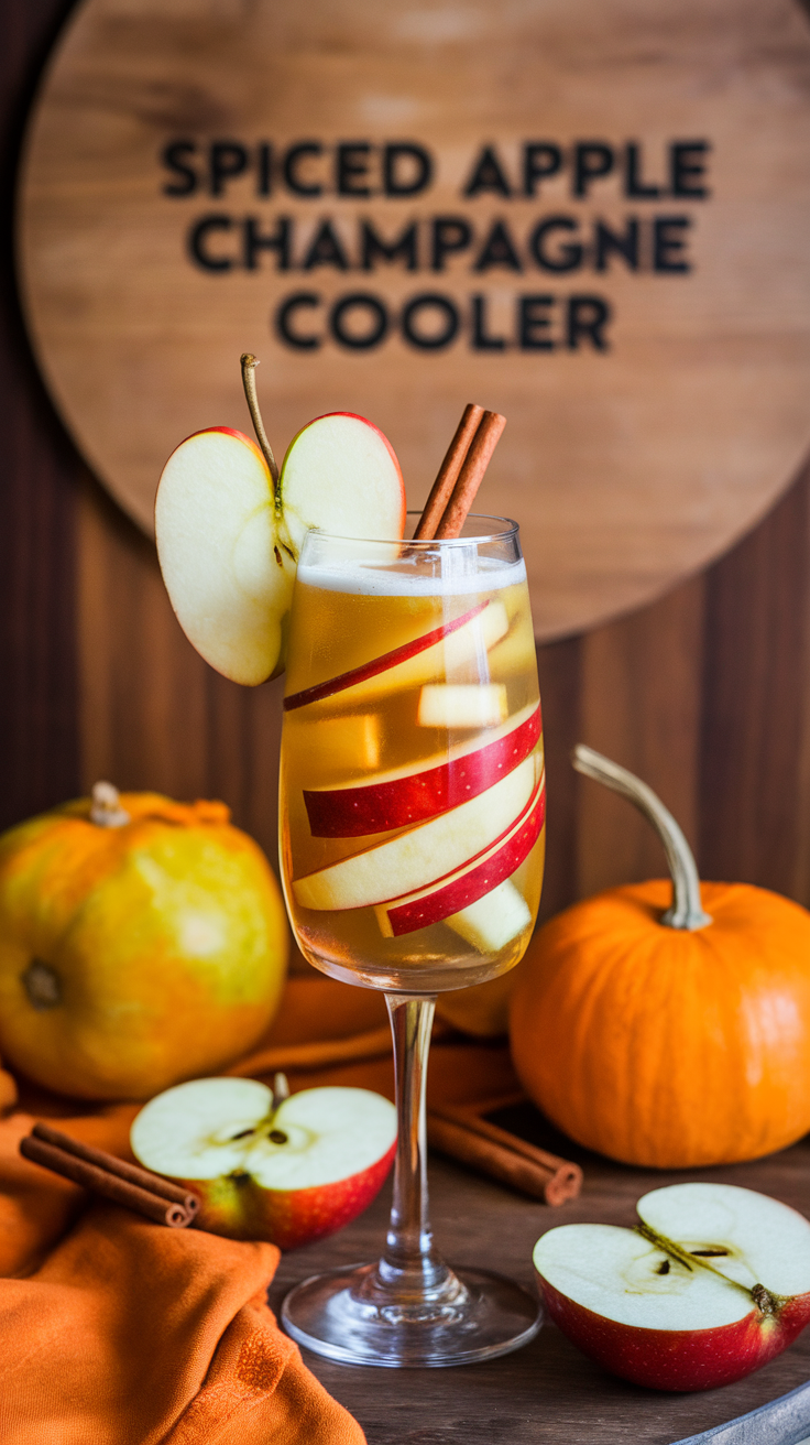 A glass of Spiced Apple Champagne Cooler garnished with apple slices and cinnamon sticks, surrounded by pumpkins and apple halves.