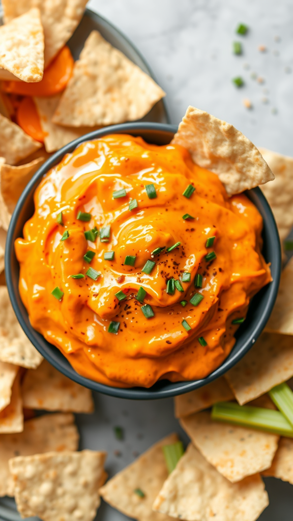 A bowl of spicy buffalo chicken dip surrounded by tortilla chips and celery sticks.