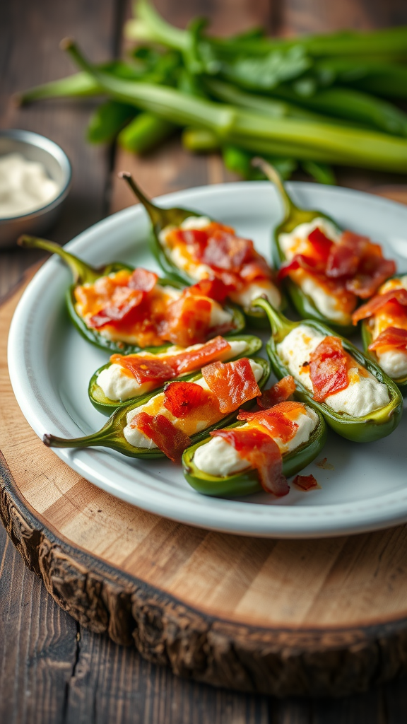 Plate of spicy stuffed jalapeño poppers topped with bacon.