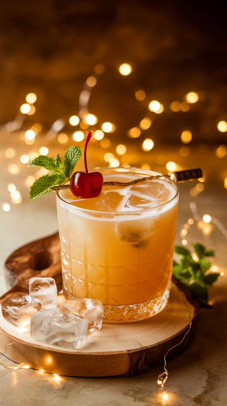 A beautifully presented Starlight Whiskey Sour cocktail with mint and cherry garnish