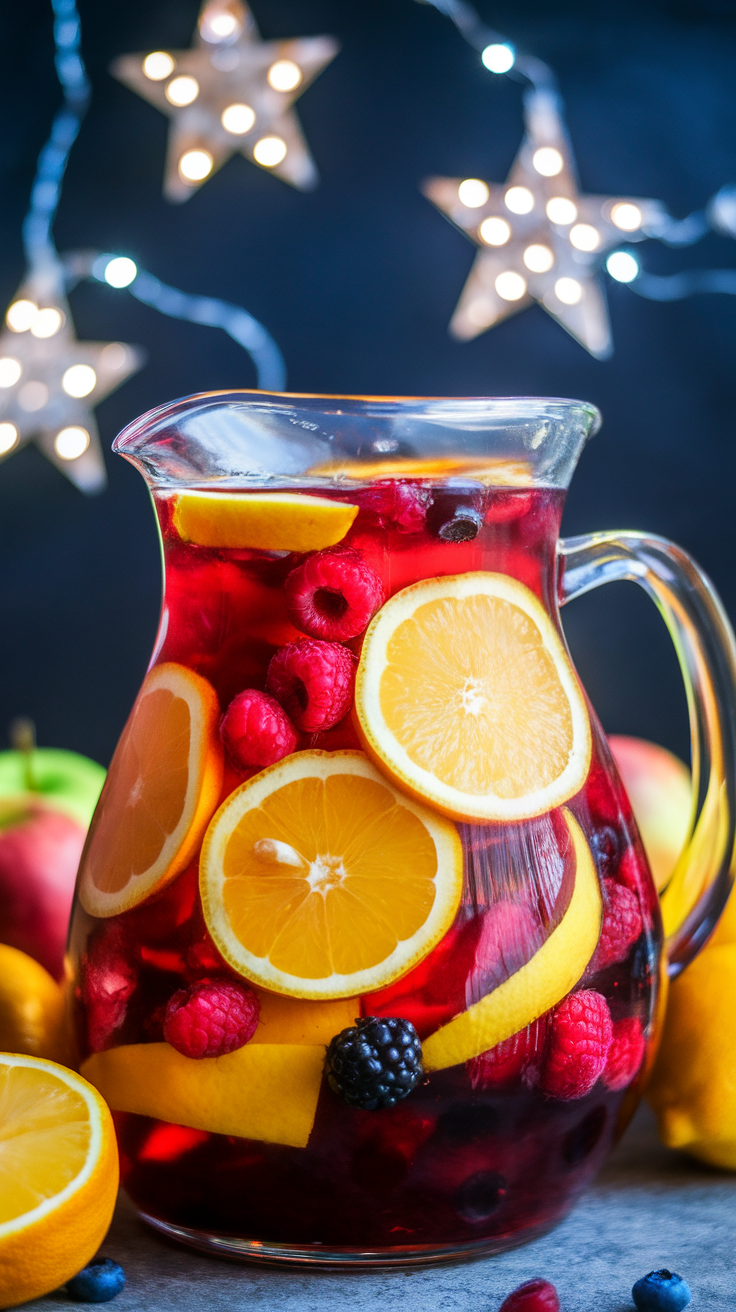 A pitcher of colorful sangria with fruits and twinkling lights in the background.