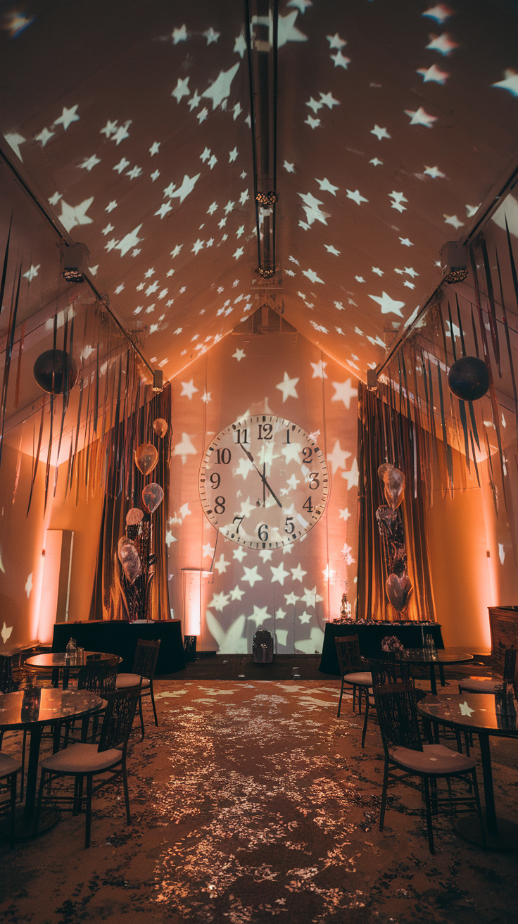 A ceiling decorated with star projections and soft lighting, creating a festive atmosphere