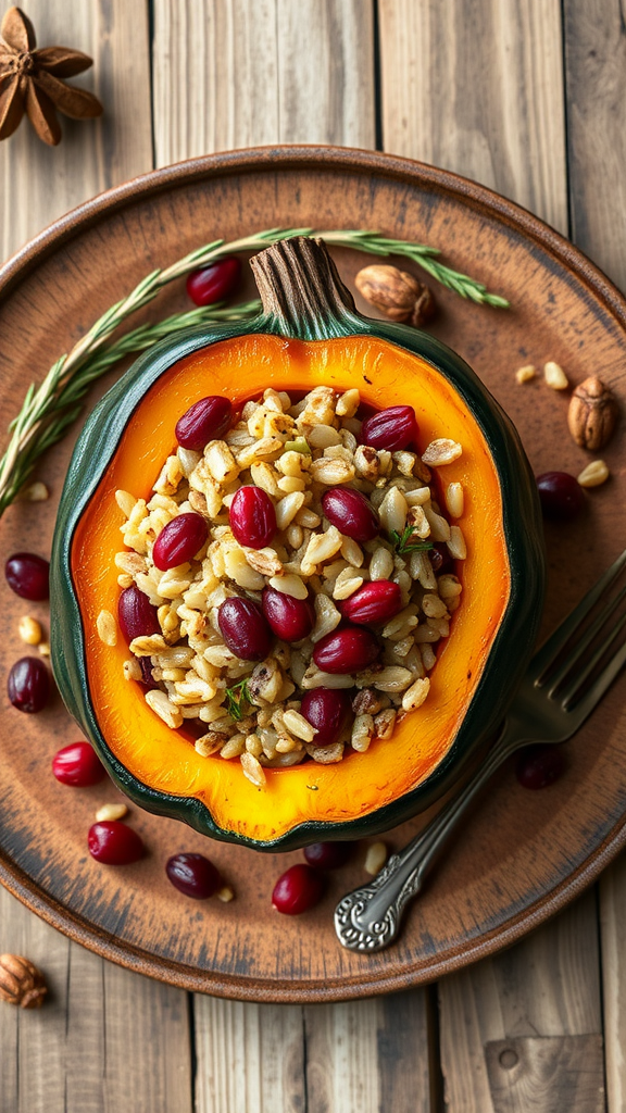 A stuffed acorn squash filled with wild rice, cranberries, and nuts on a wooden plate.