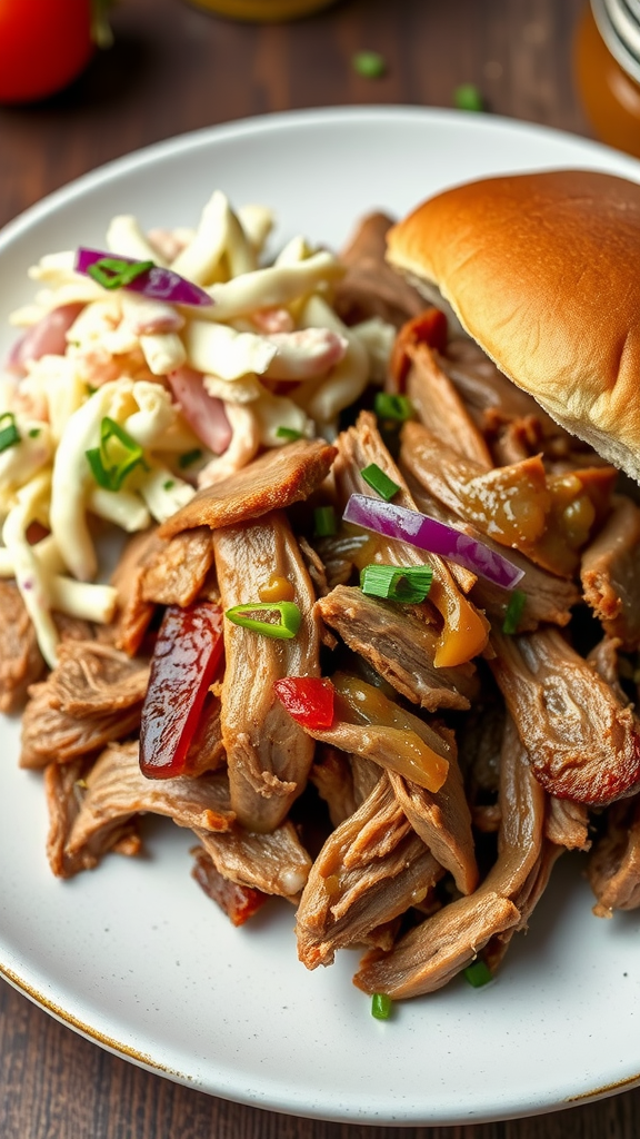 Plate of pulled pork with coleslaw and a bun