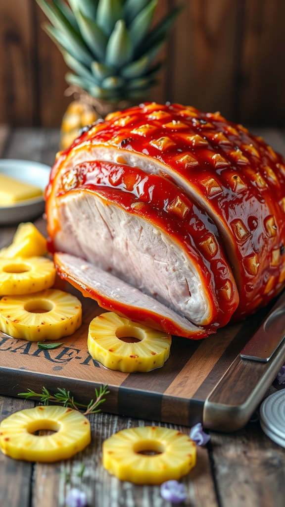 A beautifully glazed ham with pineapple slices on a wooden cutting board.