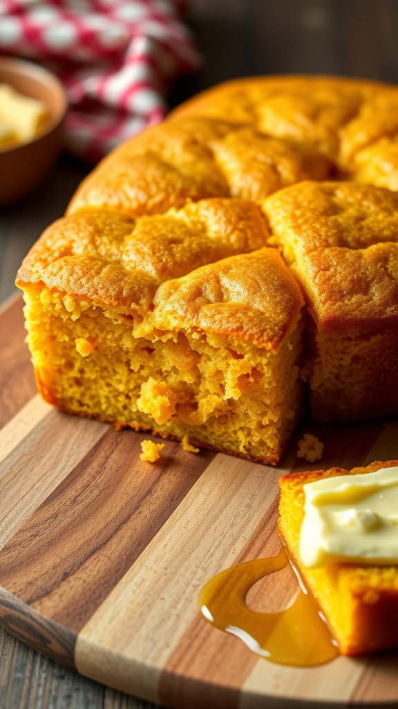 Slice of sweet and savory cornbread with butter and honey on a wooden cutting board.