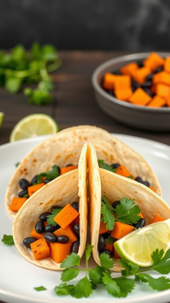 Sweet potato and black bean tacos on a plate with cilantro and lime