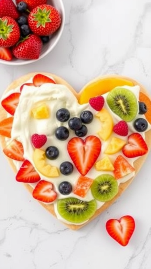 A heart-shaped fruit pizza topped with various colorful fruits on a cookie crust.