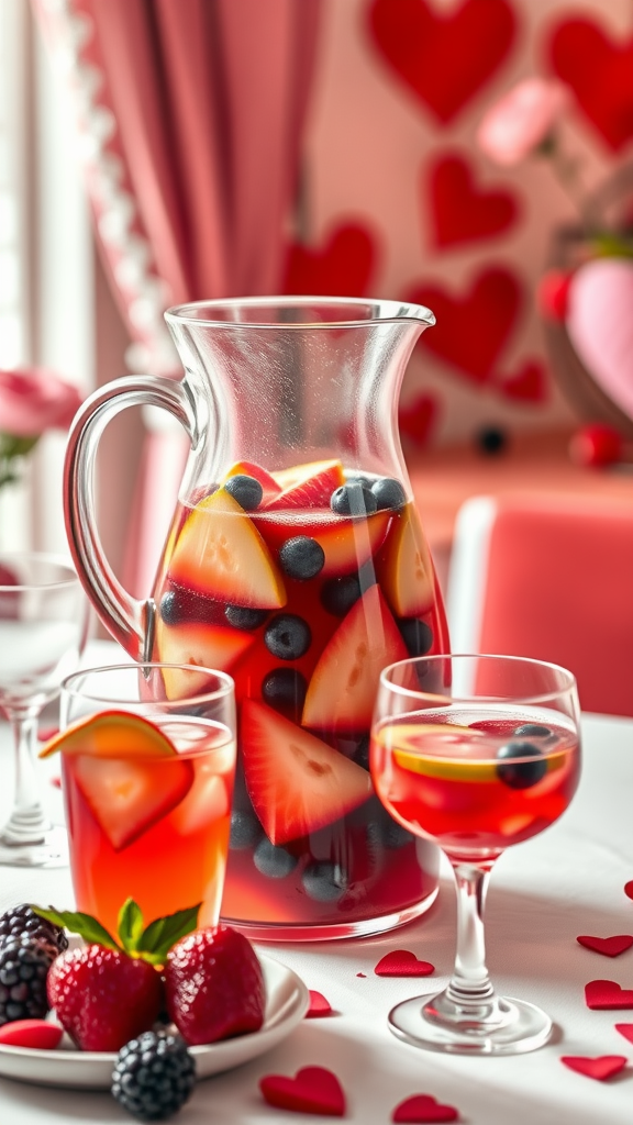 A pitcher of Sweetheart Sangria filled with fruits, surrounded by heart decorations.