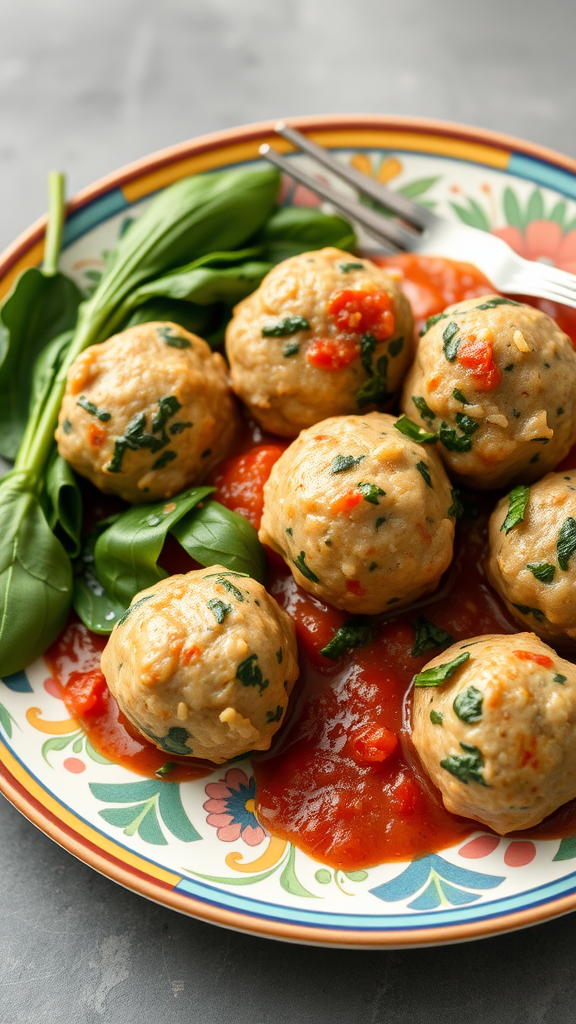 A plate of turkey and spinach meatballs served on a colorful dish with tomato sauce and fresh greens.