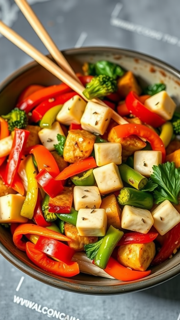 A vibrant vegetable stir-fry with tofu featuring red, yellow, and green bell peppers, broccoli, and herbs.