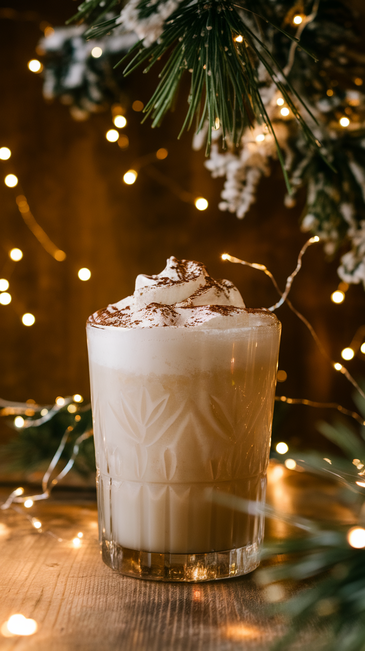 A beautifully garnished White Russian cocktail in a snowy outdoor setting