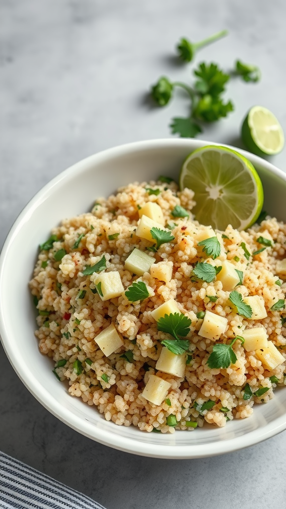 A bowl of zesty cilantro lime quinoa with diced pineapple, fresh cilantro, and lime wedges.