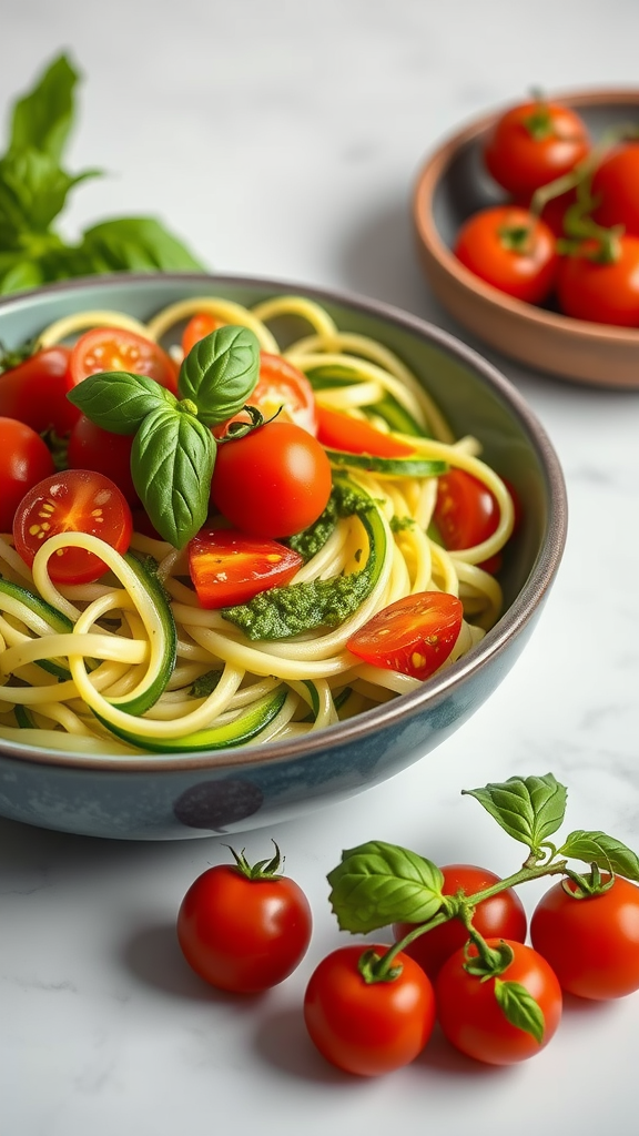 A bowl of zucchini noodles with pesto, topped with cherry tomatoes and basil leaves.