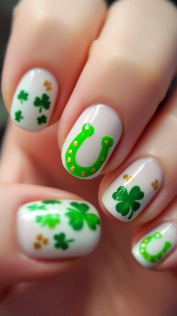 Close-up of nail art featuring a green horseshoe and shamrocks on a white background