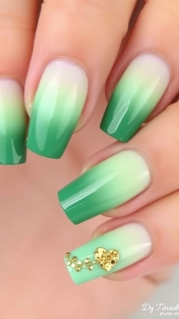 Green ombre nail design featuring various shades of green with gold accents