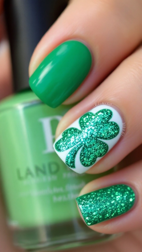 Glittery shamrock accent nails featuring various shades of green with a sparkly finish.