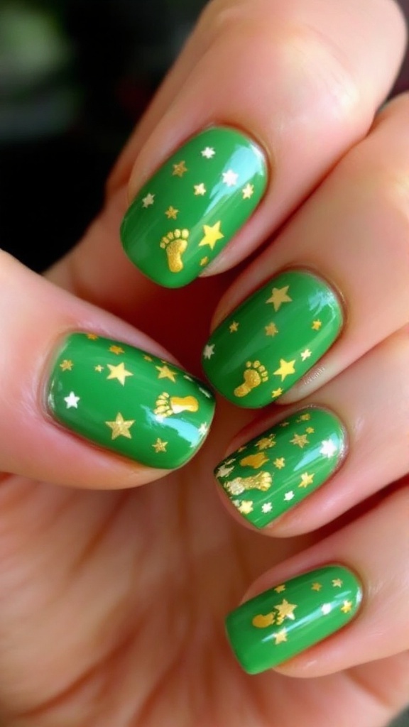 Nail art featuring green polish with black leprechaun footprints and gold stars.