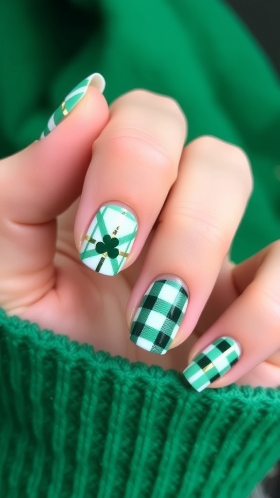 Nail design featuring plaid patterns in green shades for St. Patrick's Day.